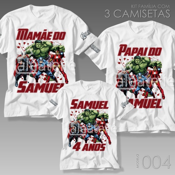 Kit 3 Camisetas Vingadores Avengers Festa Aniversário Infantil Personalizada Família