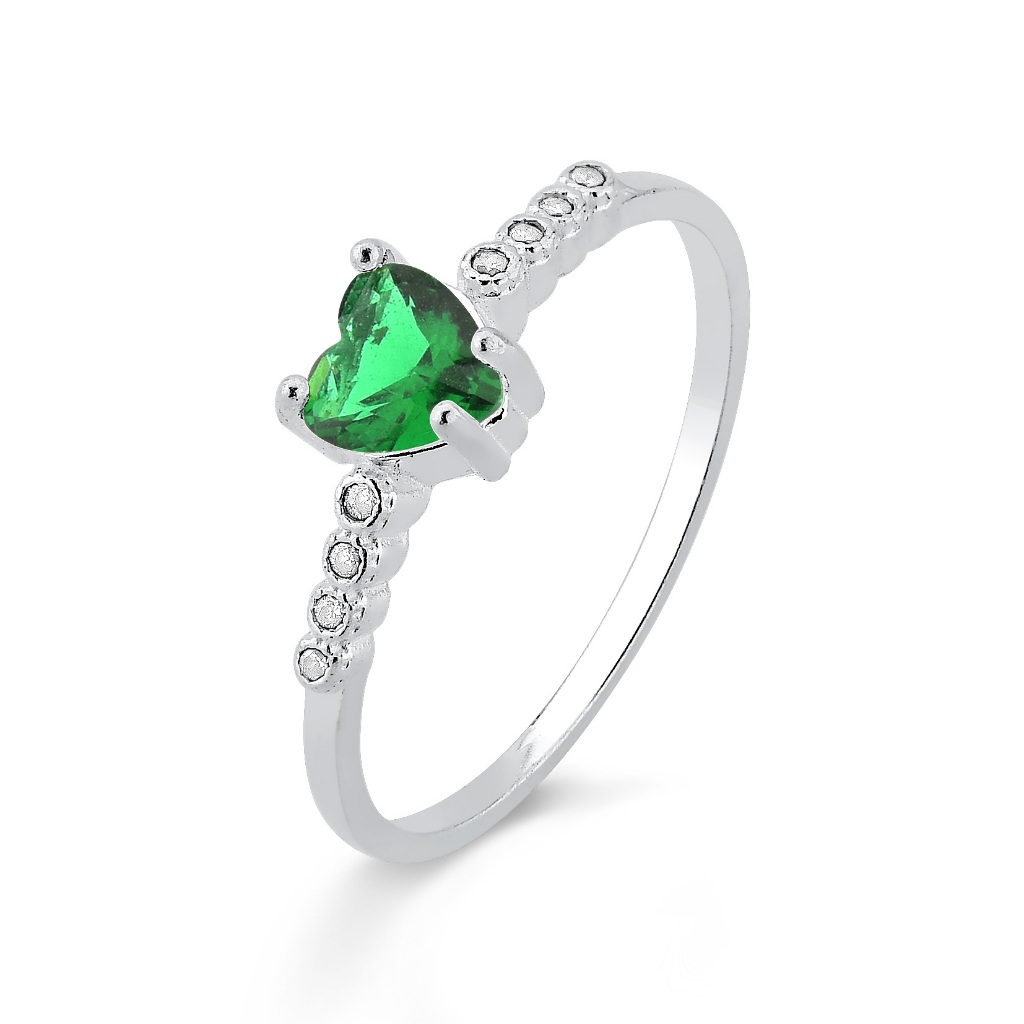 Anel Solitário Prata 925 Coração Verde Esmeralda - Fashion Accessories