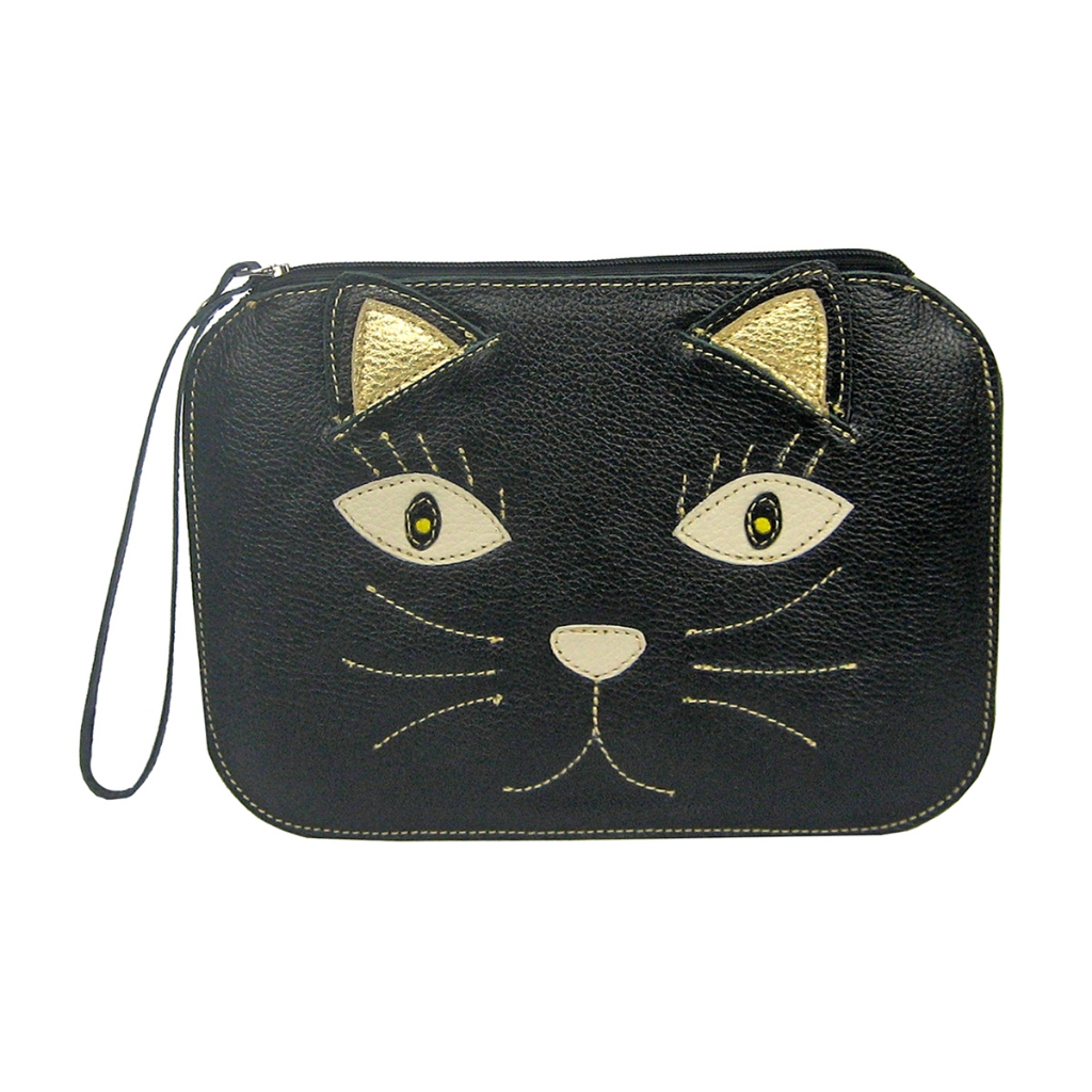 Clutch Carteira de Mão Gato e Porta Celular em Couro Legítimo Madamix