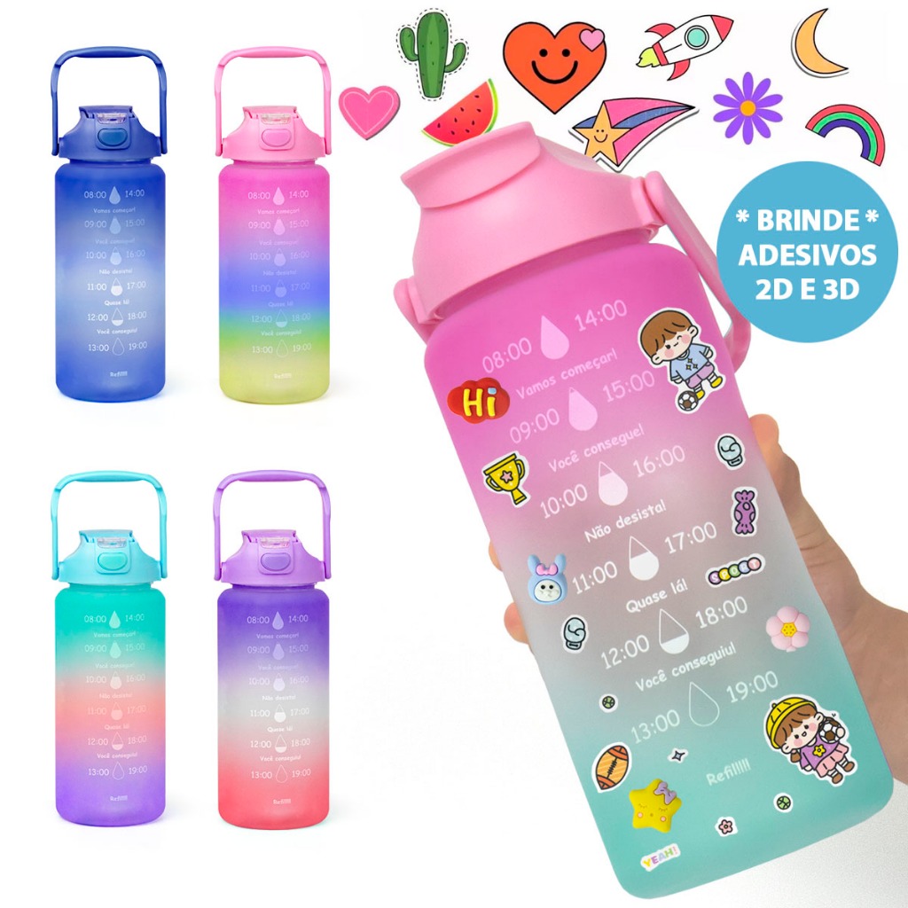 Garrafa Água 2L Adesivo 3D 2D  Degradê Colorido Fofo Frase Motivacional Alça Suporte Celular Squeeze