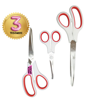 Kit com 3 tesouras Cabo branco Afiadas Corte Artesanal Costura Tecido p Escola Entrega Rapida em Oferta na Shopee