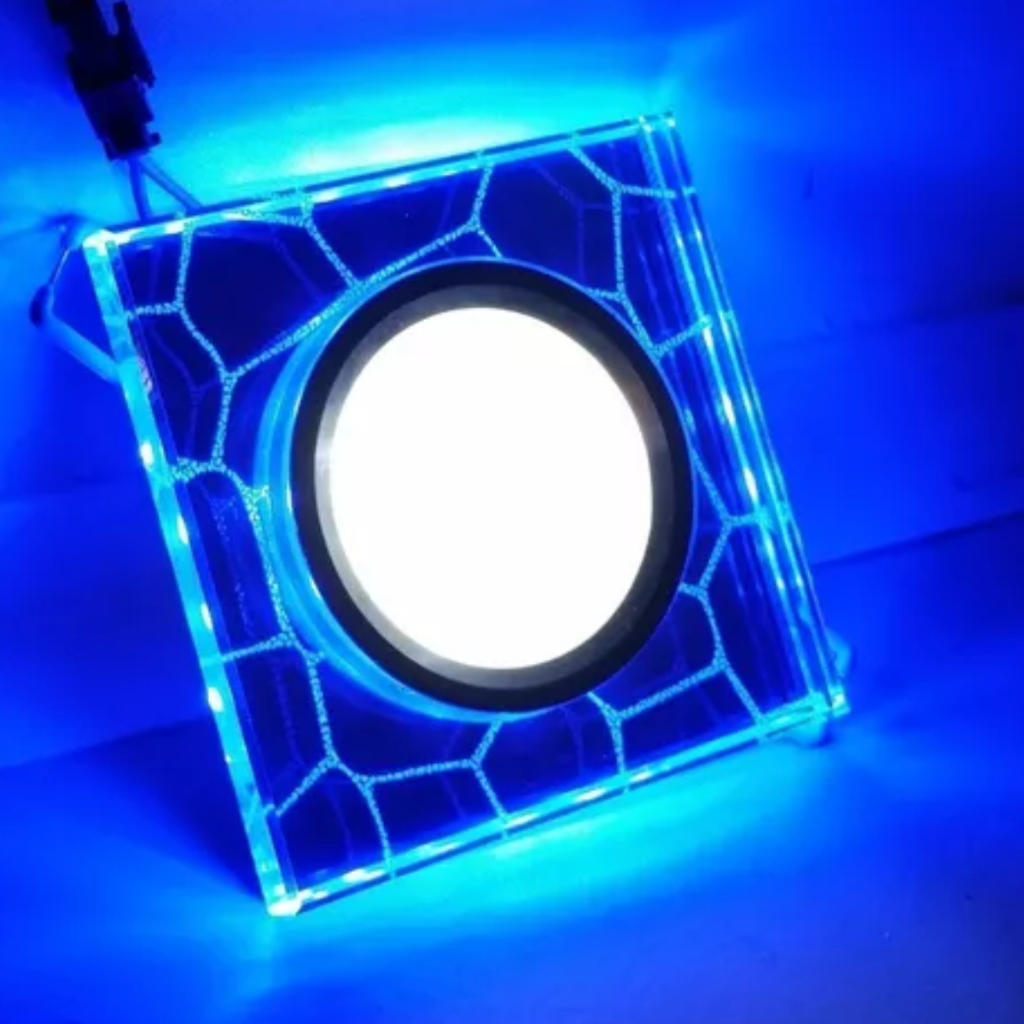 Spot 3W Borda Azul Vidro Redondo ou Quadrado Led Embutir Led Branco Frio 6500K para Sanca Gesso, Drywall, Madeira, Quarto, Sala, Cozinha