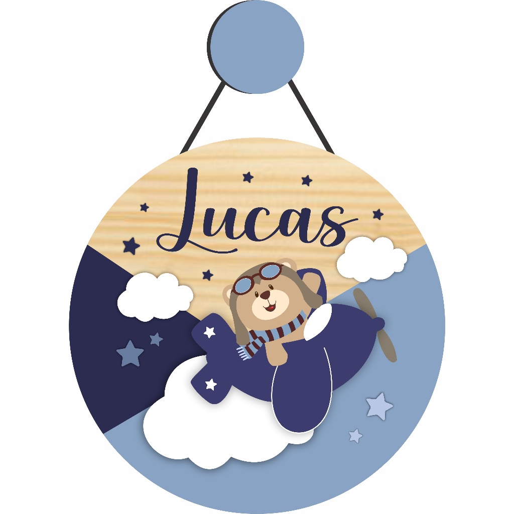 Enfeite Porta Maternidade Urso Aviador, Avião, Ursinho - Nome personalizado - Decoração para quarto! GUIRLANDA