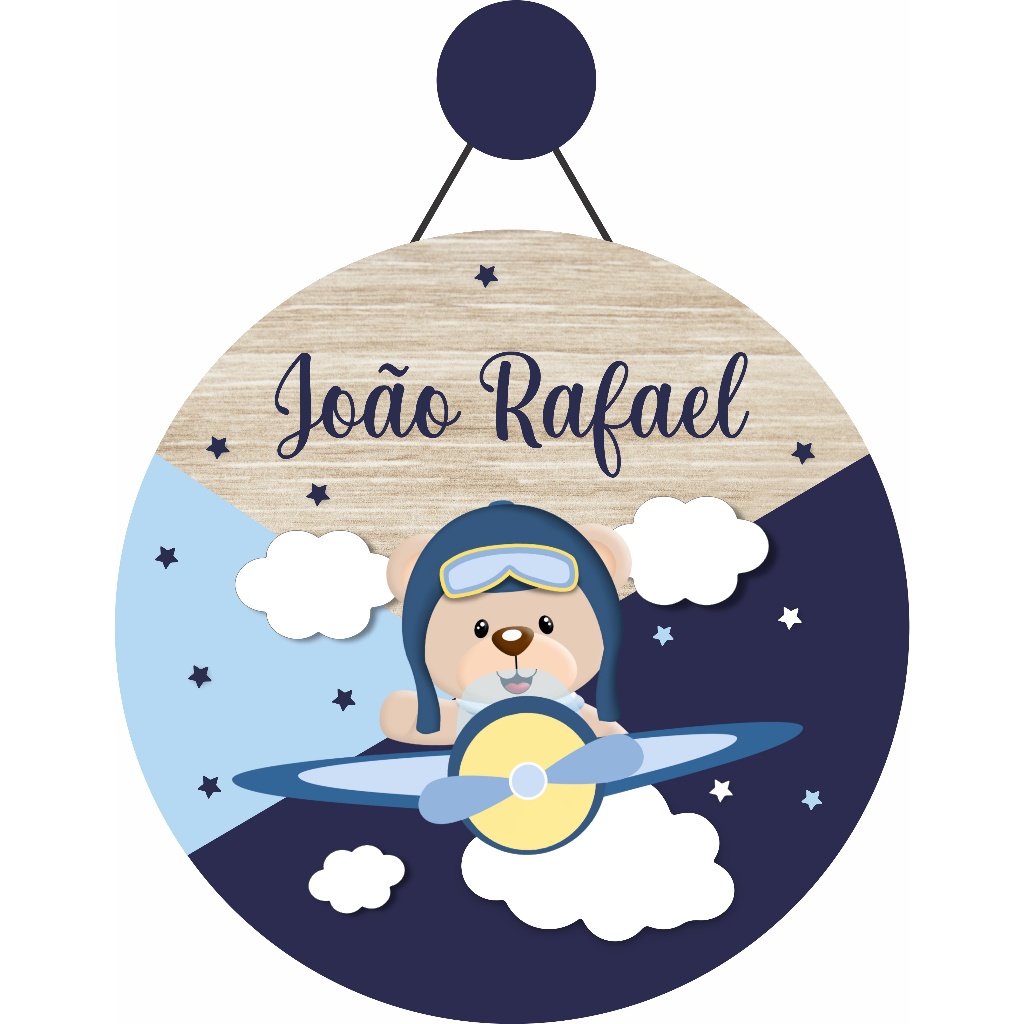 Enfeite Porta Maternidade Urso Aviador, Avião - Nome personalizado - Decoração para quarto! GUIRLANDA