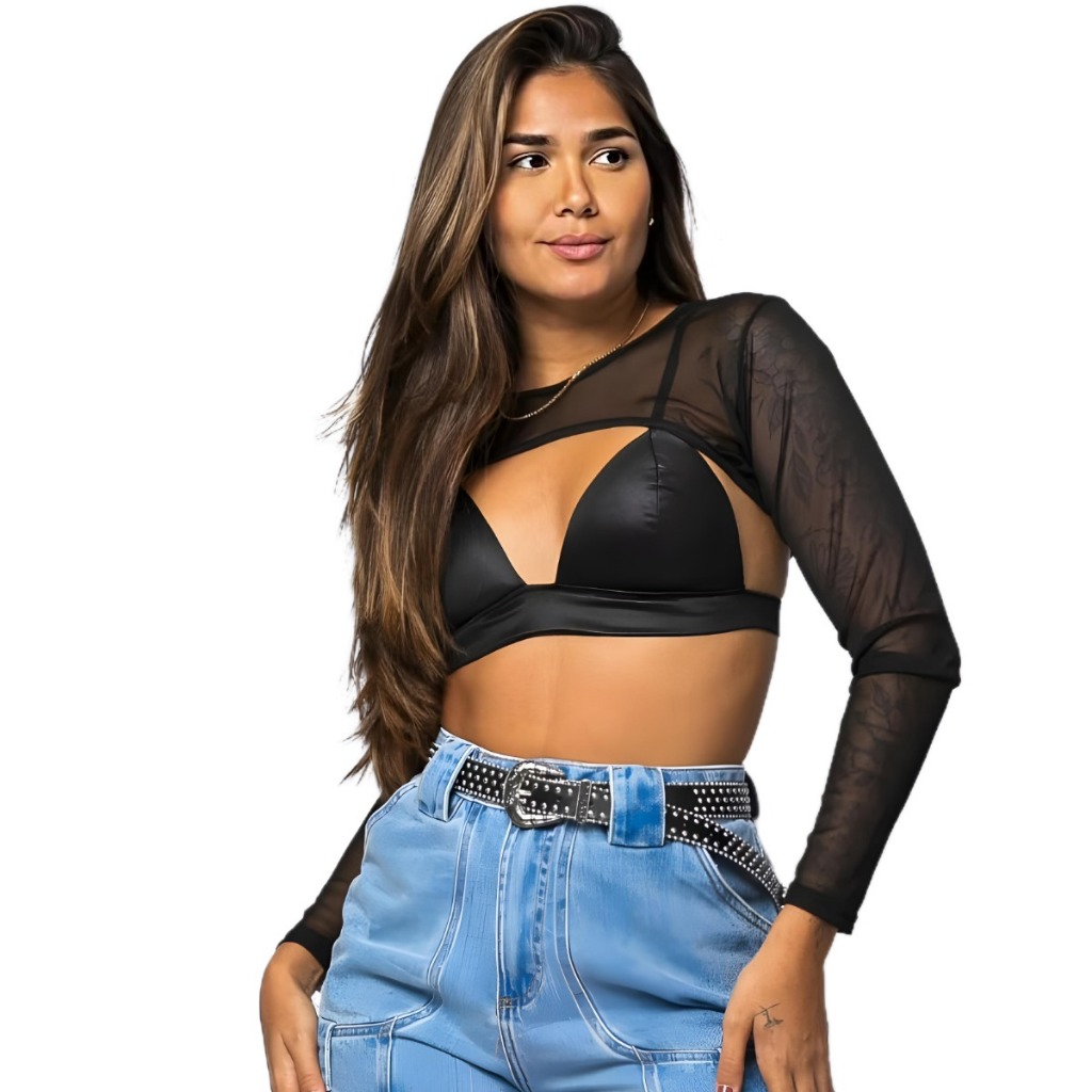 Cropped Blusa Tule transparente com Sutiã Renda Manga Curta Casual Moda Verão