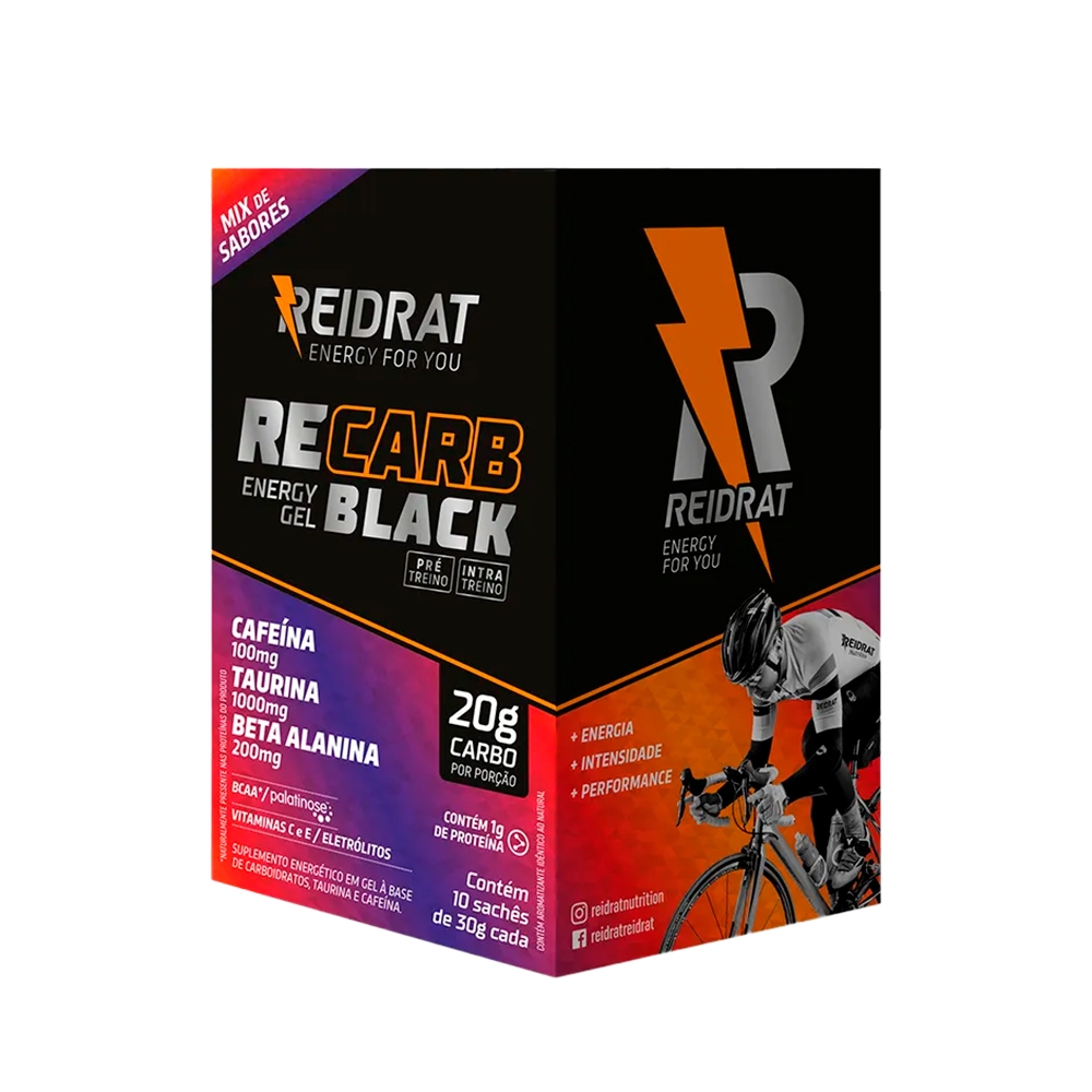 Recarb Energy Gel Black Pro Beta Reidrat - Display 10 Sachês de 30g Cada - Gel de Carboidrato Com Cafeína (Pedal/Endurance/Bike)