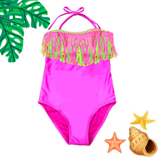 Maiô Body Infantil Juvenil Neon Com Franjas e Aplicações de Flores