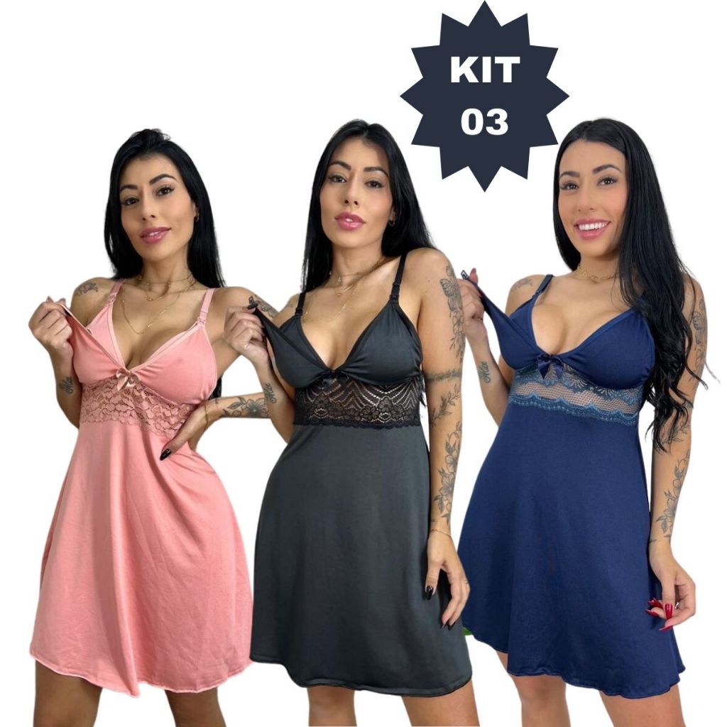 KIT 03 Camisolas Amamentação com Detalhe em Renda Saída Maternidade Grávida Gestante Lactante. em Oferta na Shopee