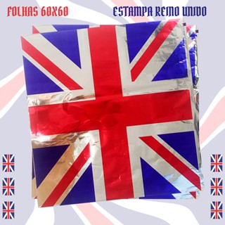 100 Folhas Metalizada 60x60 - Estampa Bandeira Reino Unido - Para Fazer Pipa, Raia, Papagaio