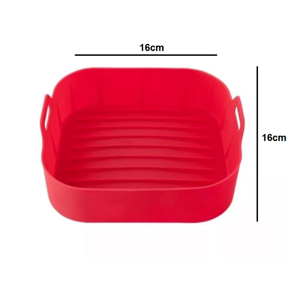 Forma de Silicone 16cm Quadrada para Air Fryer Cinza Vermelha Resistente de Silicone Reutilizável