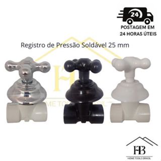 Registro de Pressão Soldável, 25 mm, com Canopla, Cromado, Preto, Branco, Chuveiro, Lavatório, Bidês, Banheiro, Mictórios, Cozinha, Pressao, Torneira, Agua