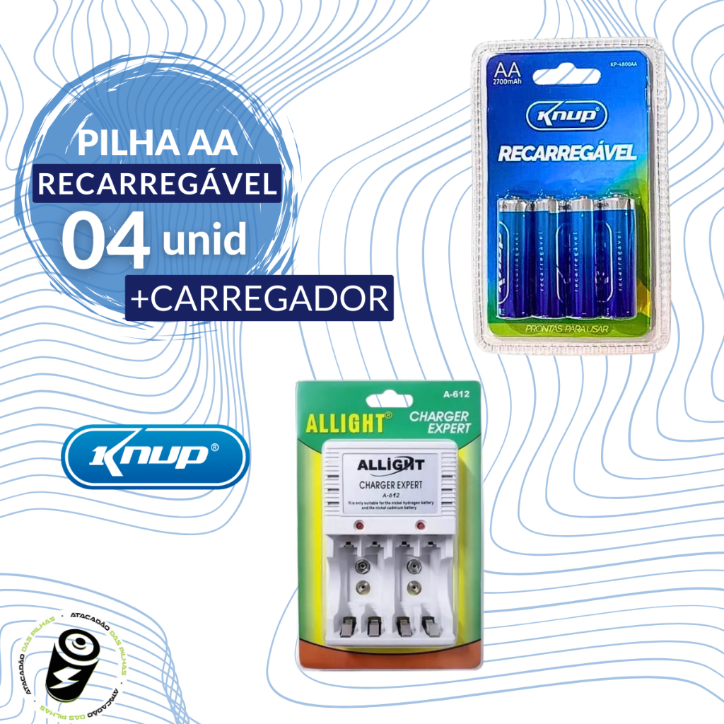 Kit 4 pilhas AA Recarregável 2700 mAh + Carregador de Pilhas