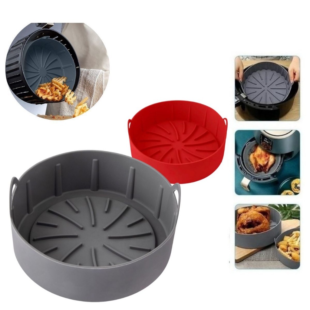 Forma de Silicone 16cm Redondo para Air Fryer Cinza Vermelha Resistente de Silicone Reutilizável