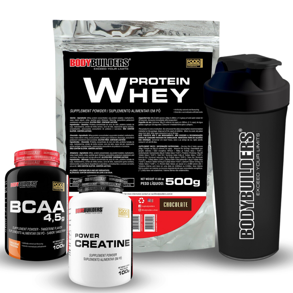 Kit Whey Protein Concentrado em Blend Proteico Refil 500g + BCAA 4,5 100g + Power Creatina 100g + Coqueteleira – Bodybuilders Kit para aumento de massa muscular e perfomance