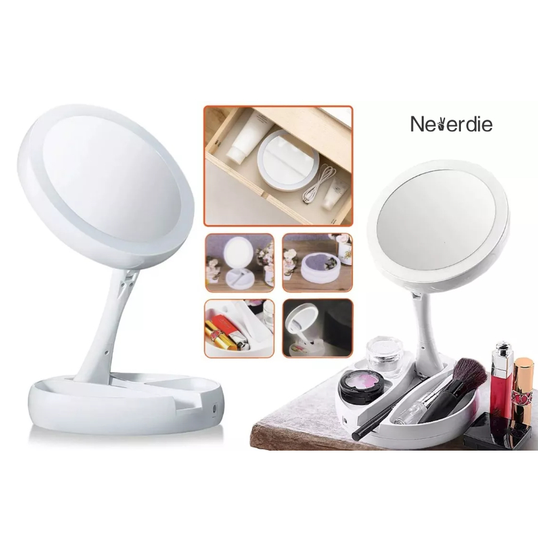 Espelho Maquiagem Aumento 10x Dupla Luz Led Organizador Usb