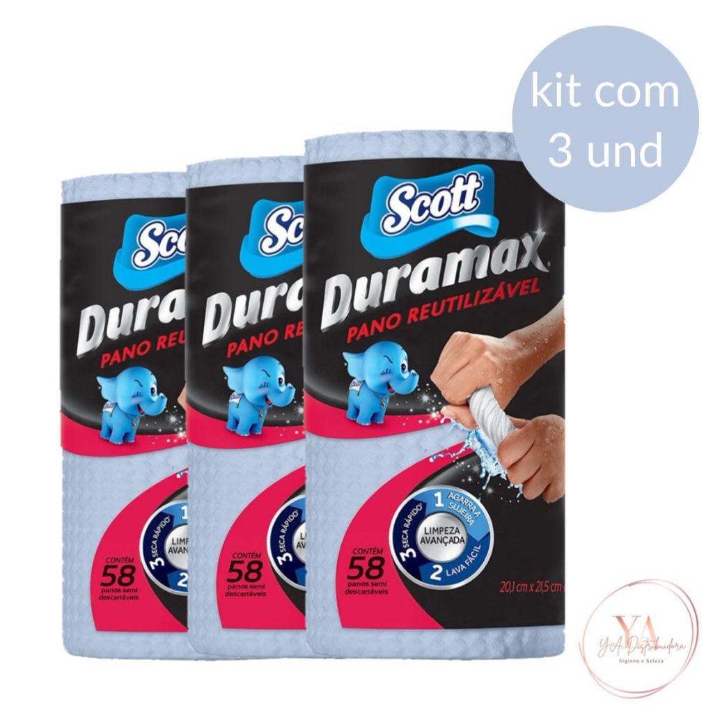 Kit C/3 Pano em Rolo Reutilizável Azul com 58 Unidades Scott Duramax em Oferta na Shopee