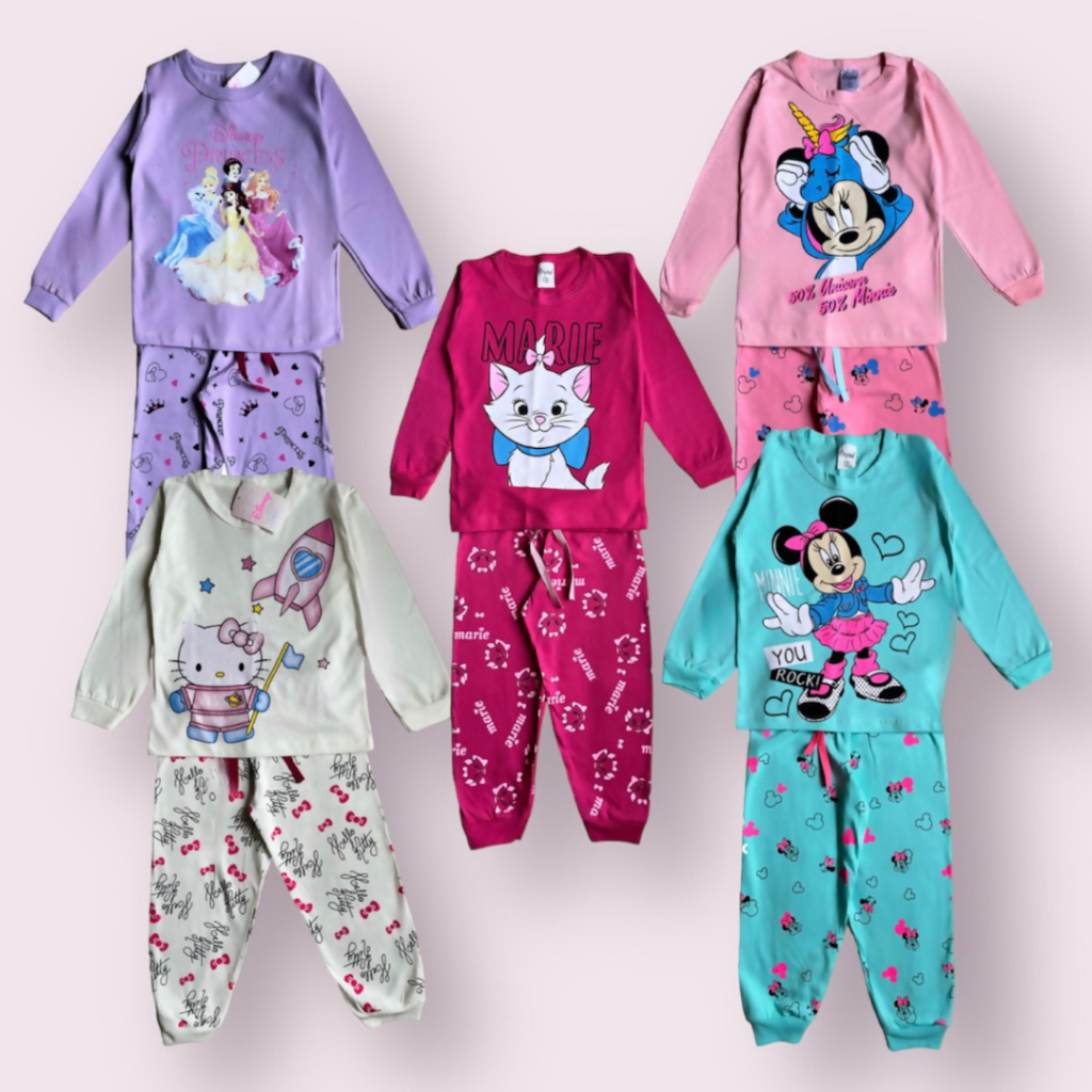 kit sortido pijama infantil 4 peças manga longa 2 calças +2 blusas 100% algodão feminino menina frio