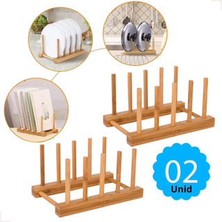 kit 2 Suportes Escorredor Louças  Pratos 4 Divisões Display Bambu Multiuso Lindo para Sua Mesa Posta
