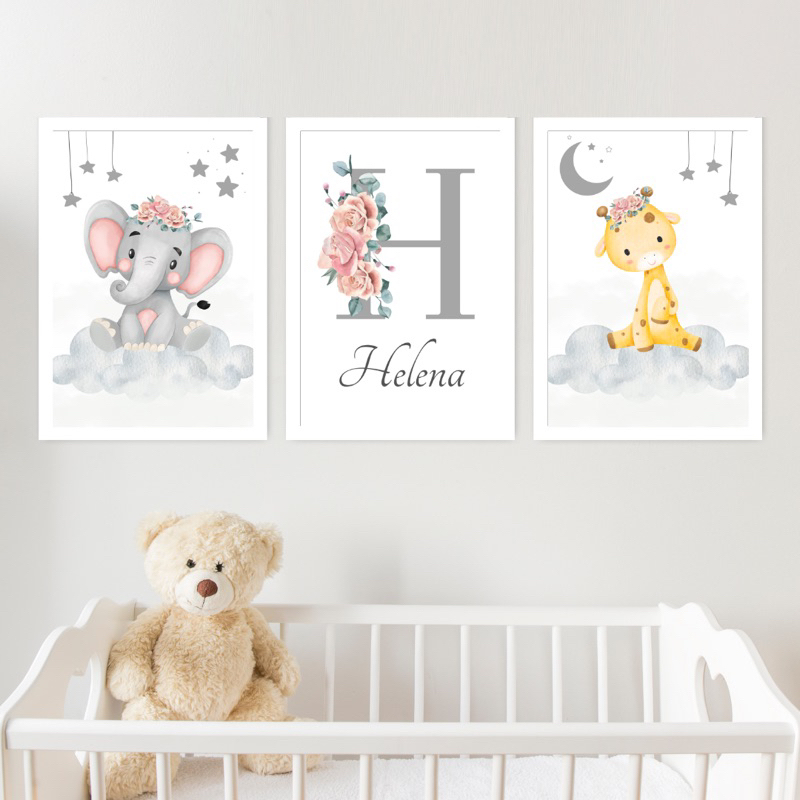 Kit 3 Quadros Decorativos Infantil Personalizado Nome Bebê Para Quarto Ou Porta Maternidade Safari Cuty