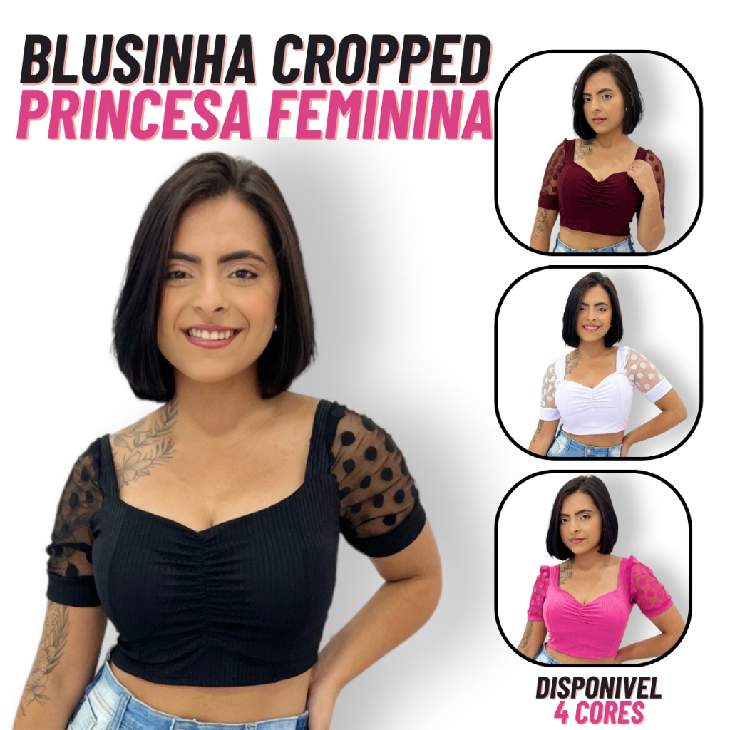 Blusinha Cropped Canelado Ribana Manguinha Princesa Blusa Feminina