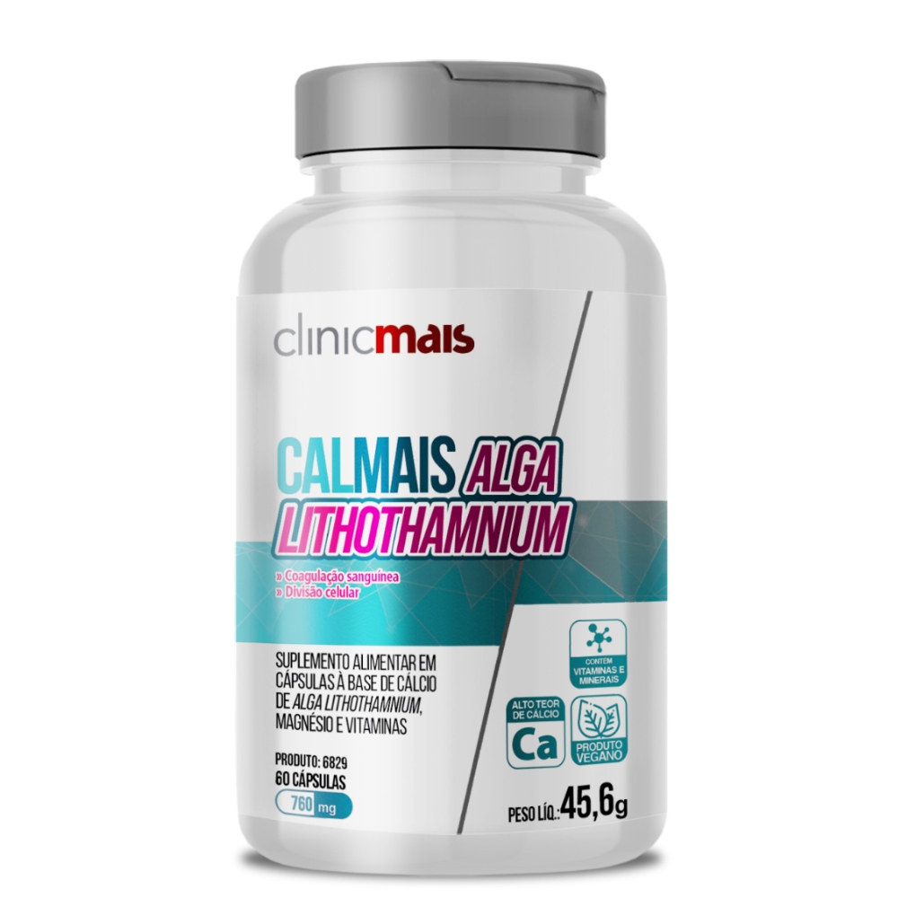 Cálcio, Magnésio, Vitamina D3 -  Calmais Alga Lithothamnium 60 cápsulas 760mg Clinicmais