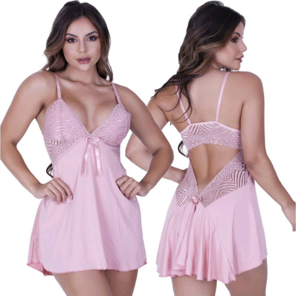 Camisola sem Bojo Costas Aberta Lingerie Com Calcinha Regulável Linha Noite Pijama Soltinha Feminina