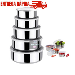 Kit Conjunto 5 Potes Vasilhas Tigelas Inox Com Tampas Para Armazenar Alimentos