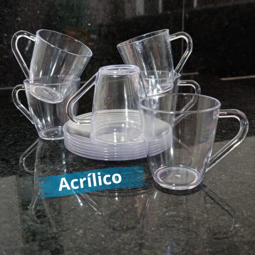 Jogo de Xícaras com Pires 80 ml, Kit Xícara Acrílica Cantinho do café 6 e 12 Unidades Transparente