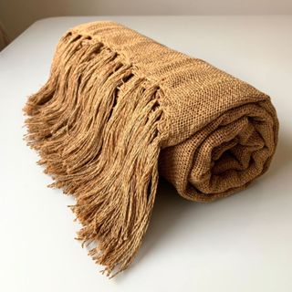 Manta Pra Sofá Caramelo Luxo Com Franjas Protetora e Decorativa 100% Algodão 1.20X1.80 Tea...