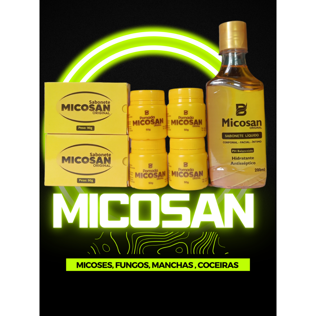 kit micosan 4 pomada 50g 2 sabonete em barra 90g e 1 sabonete liquido 200ml Micoses Geral Manchas