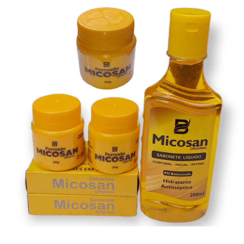 kit micosan 3 pomada 50g 2 sabonete em barra 1 sabonete liquido Micoses Em Geral Pano Branco Manchas