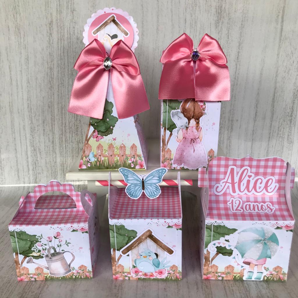 PEGUE E MONTE -Kit Festa Personalizados Jardim Encantado/Menina/Borboleta/Passarinho/Rosa/Lembrancinhas/Caixinhas