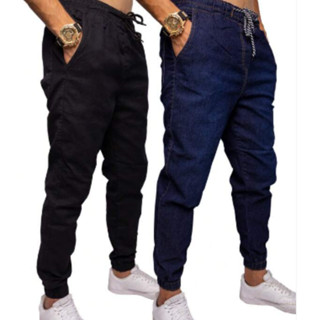 Kit com 2 Calças Jogger Jeans e Jeans Preto Masculina Com Punho Elástico