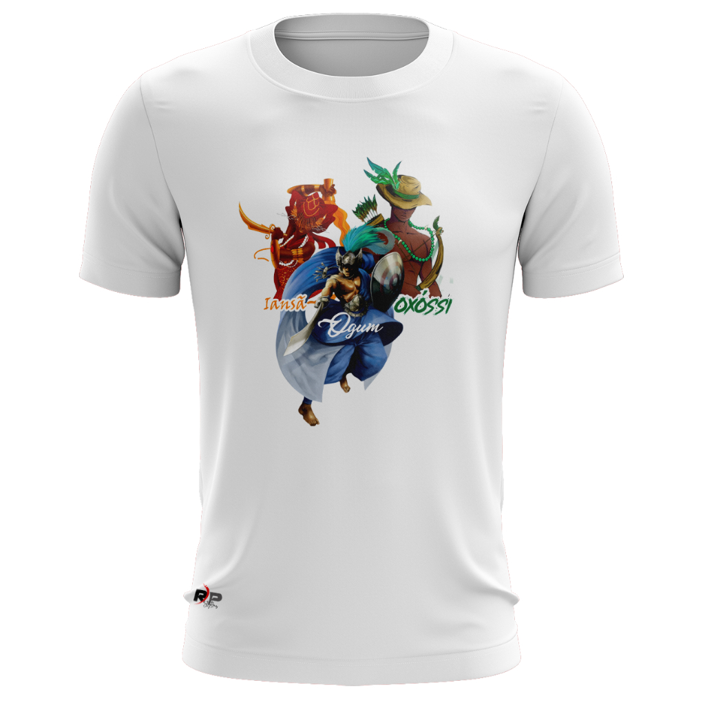Camiseta religiosa Orixás Iansã Ogum e Oxóssi
