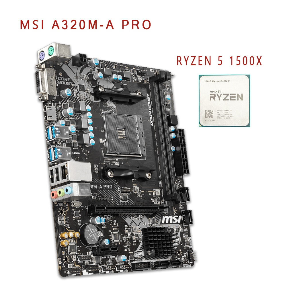 Kit Placa Mãe com Processador AMD, modelo MSI A320M-A PRO com Processador Ryzem 5 1500X.