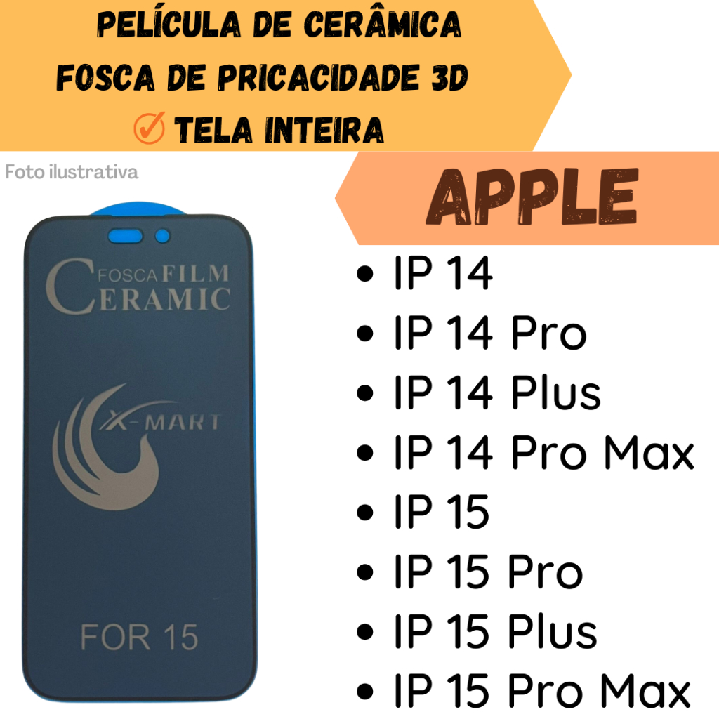 Película Cerâmica Fosca de Privacidade Flexível Para Apple IPHONE 14/ 14 Pro/ 14 Plus/ 14 Pro Max/ 15/ 15 Pro/ 15 Plus/ 15 Pro Max/ Protetor de Tela Inteira 3D