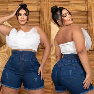 shorts jeans feminino plus size cintura muito alta segura barriga elastano confortável top