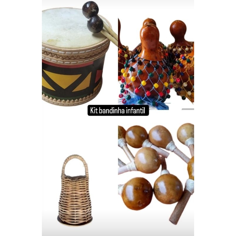 kit bandinha infantil musical instrumento percussão 6  peças tambor chocalho xequere caxixi baqueta musicoterapia
