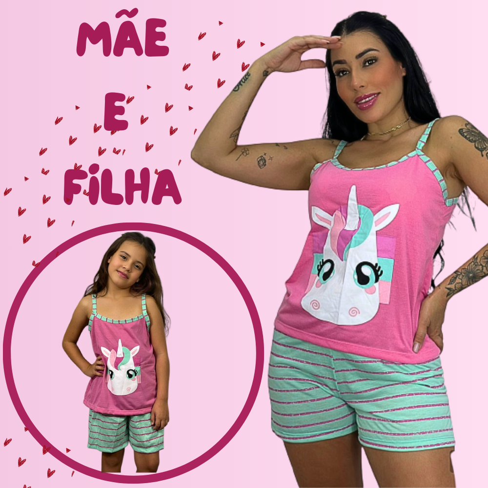 KIT 2 Baby Doll Mãe e Filha Unicornio Malha Confort Pijama Short Doll Verão em Oferta na Shopee