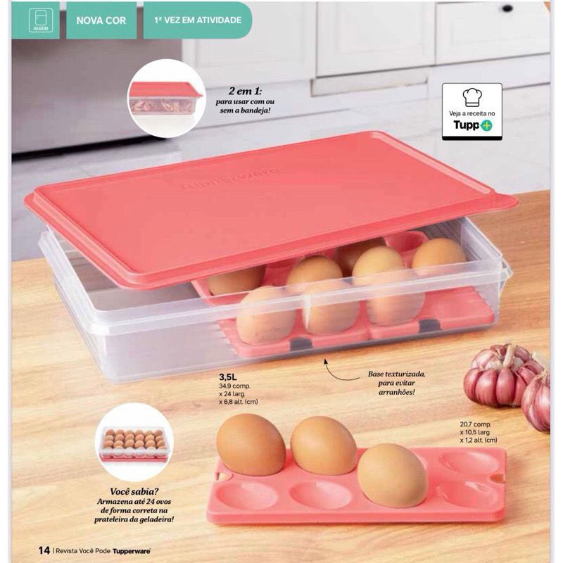 Tupperware Porta Ovos Refri Box Plus Translúcida Tampa Coral
