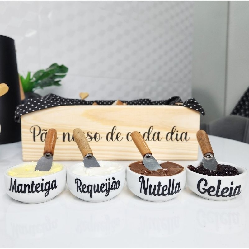 kit servindo com carinho - molheira - manteigueira - mesa posta - potes de mantimentos