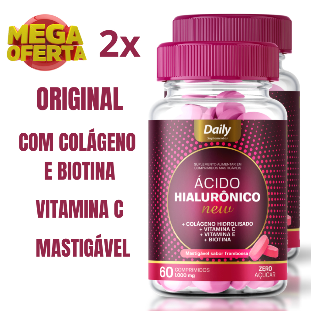 2 Ácido Hialurônico Mais Colágeno Hidrolisado Com Vitamina C Vitamina E Mais Biotina Mastigável