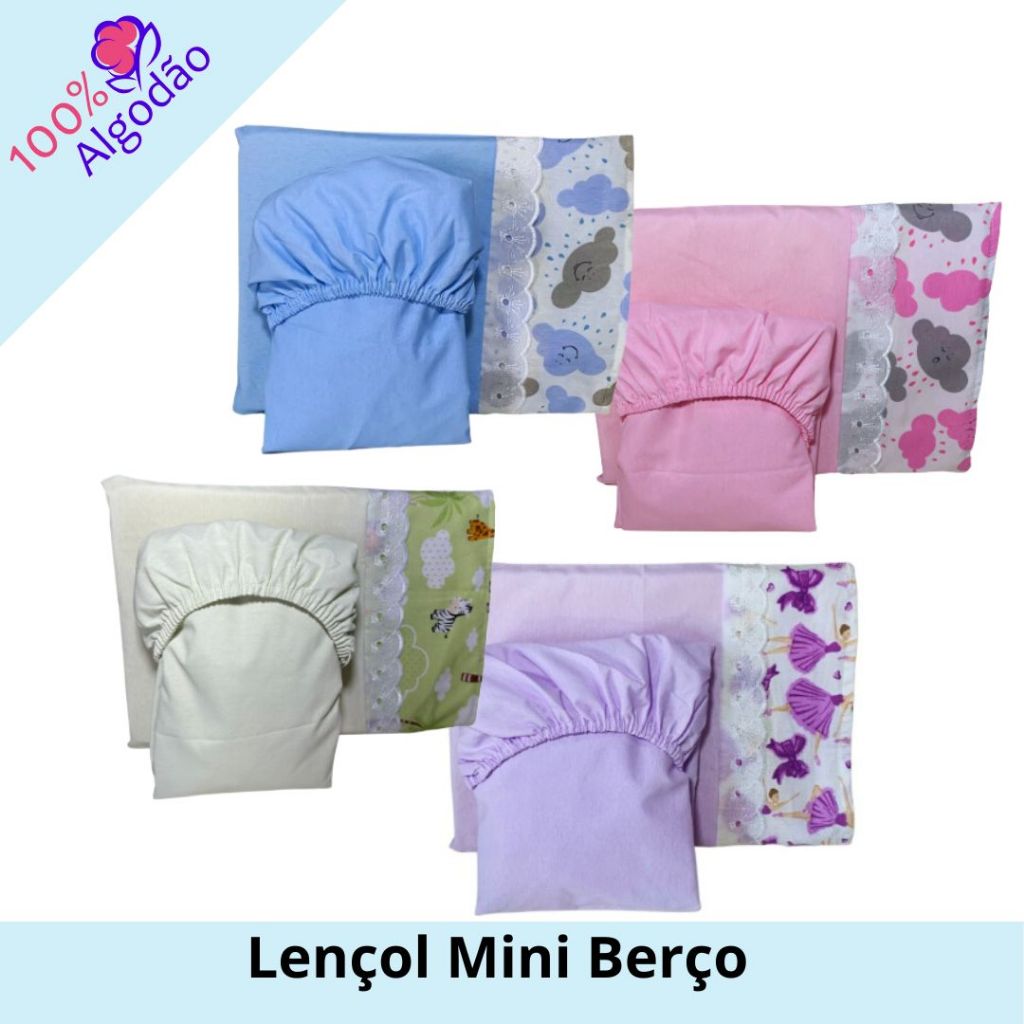 Jogo de Lençol para Mini Berço 100% algodão 2 peças
