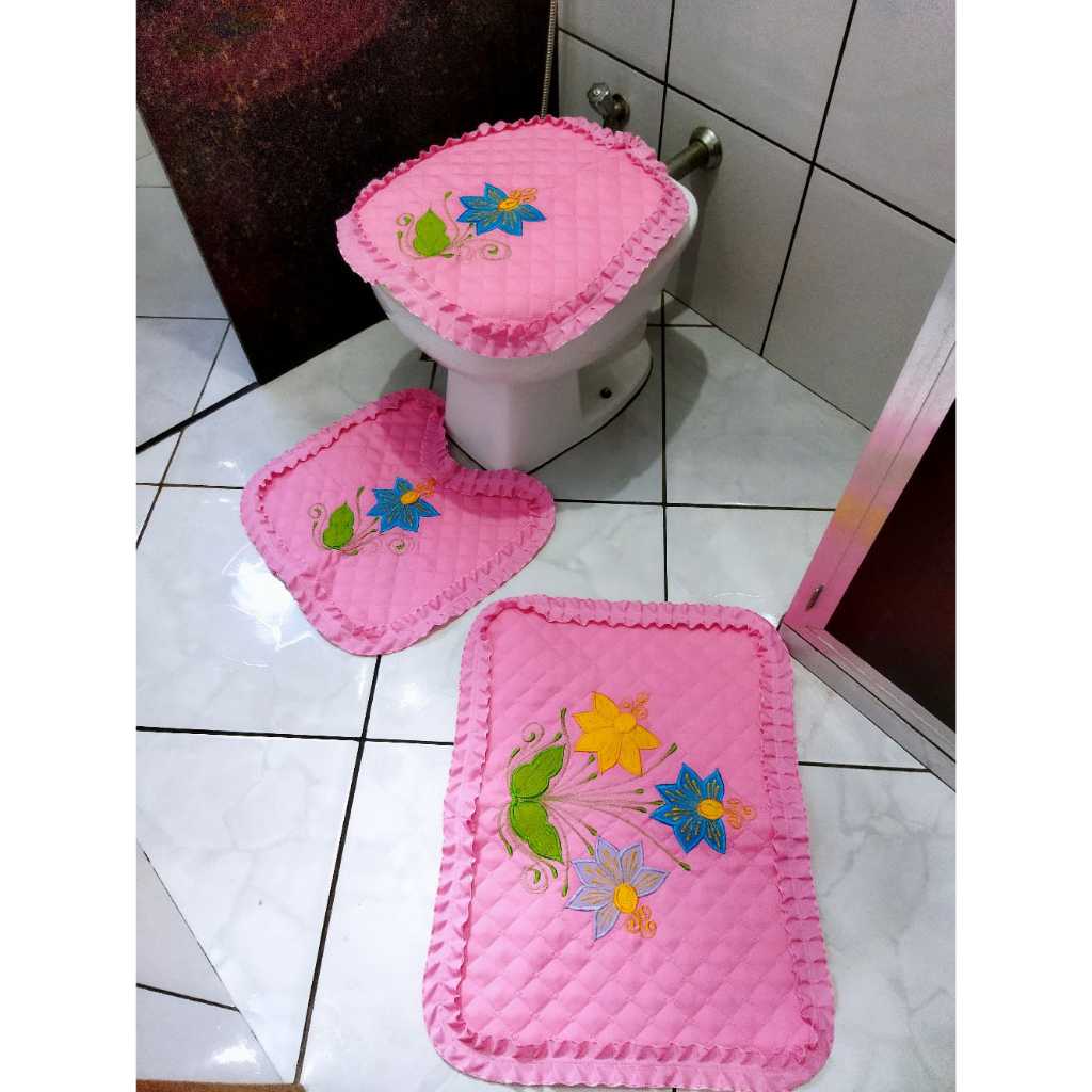 Kit banheiro com flores coloridas bordado tecido metalassê jogo com 3 três peças decoração lavabo capa para tampa vaso sanitário