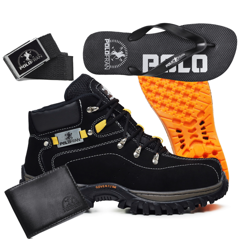 Kit Bota Adventure Polo Fran Preta Coturno Botina em Couro + Chinelo Carteira Cinto Palmilha em Oferta na Shopee
