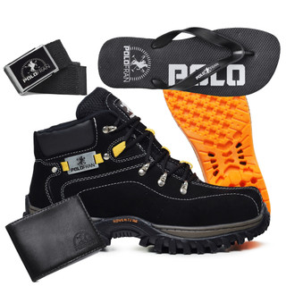Kit Bota Adventure Polo Fran Preta Coturno Botina em Couro + Chinelo Carteira Cinto Palmilha