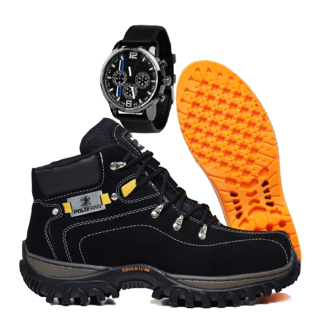 Kit Bota Botina Adventure Polo Fran Coturno Masculino Couro Com Palmilha Gel + Relógio