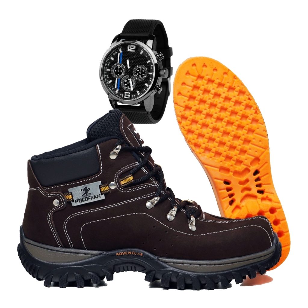 Kit Bota Marrom Adventure Botina Polo Fran Masculina Palmilha Gel + Relógio - Men Shoes