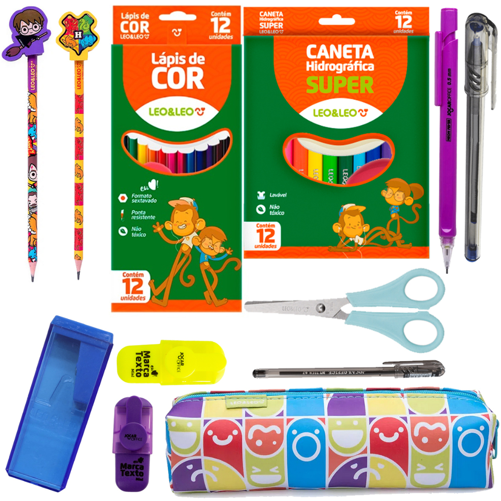 Kit Material Escolar Canetinha + Lapis De Cor + Estojo + Marca Texto + Caneta - Leo e Leo