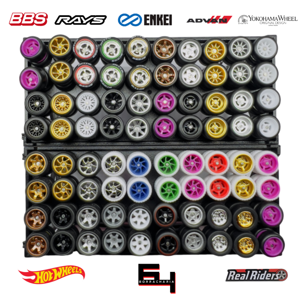 Jogo de Rodas Pneus de Borracha Hot Wheels 1/64 1:64 Eixo Móvel e Eixo Fixo